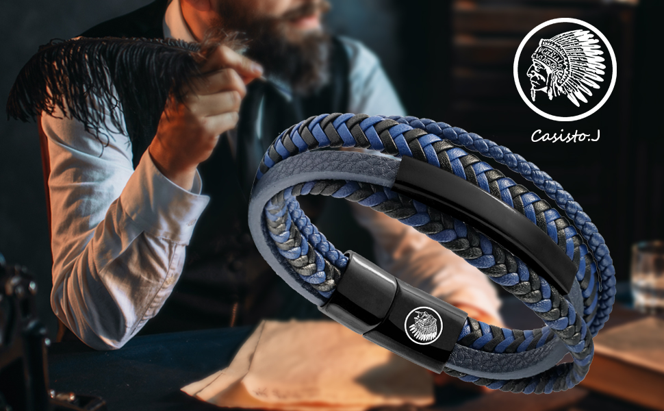 Чоловічий шкіряний браслет Lederarmband з нержавіючої сталі: плетіння, магнітний замок, гравіювання (синій, коричневий, чорний) 21 см