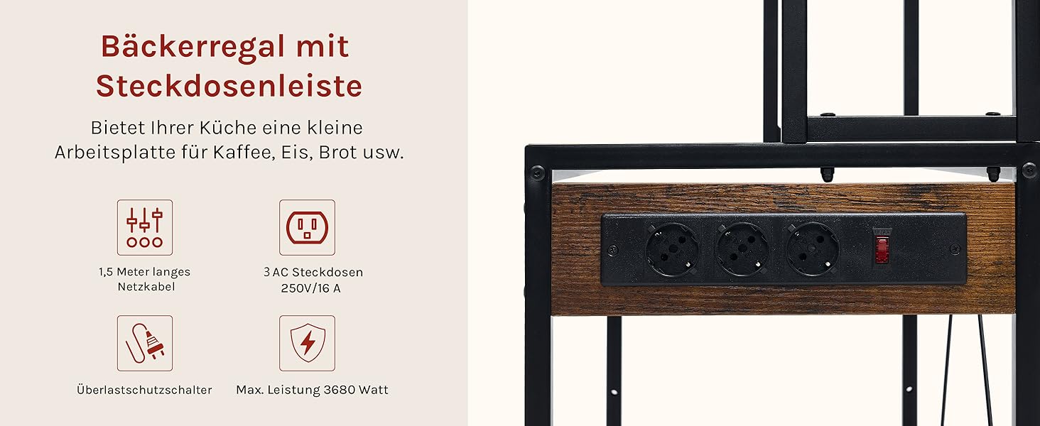 Кухонна полиця WOLTU з 6 ярусами, з розетками, для мікрохвильової печі, з металевим каркасом, регульовані полиці, Чорний+Рустик Браун, 60 x 167 x 40 см (Чорний+Вінтаж Браун, 80 x 39,5 x 167 см)