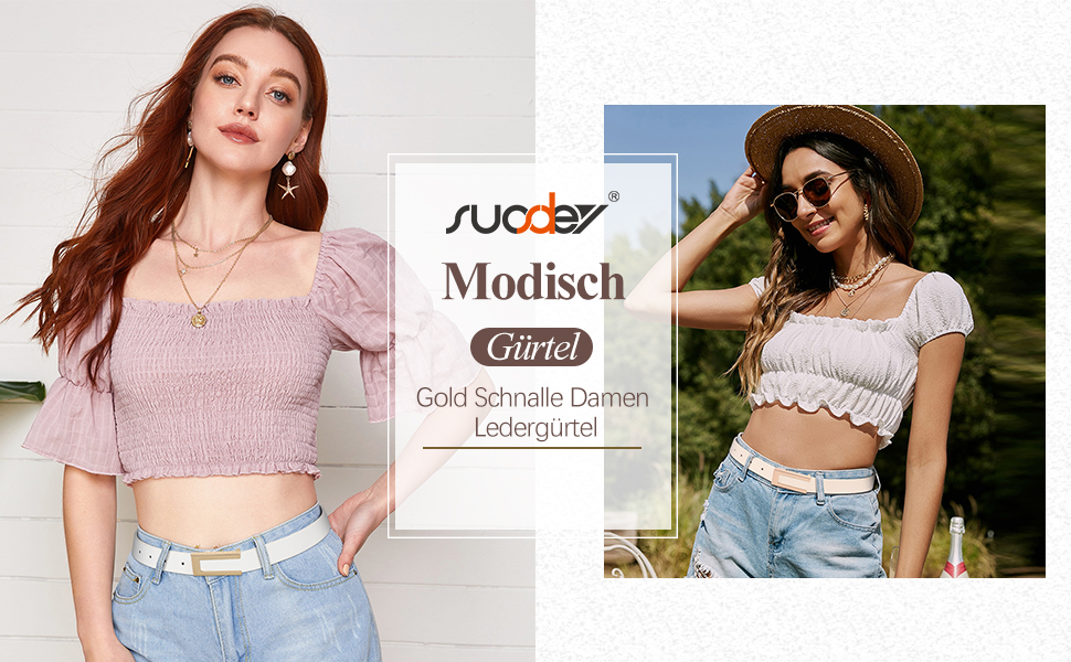 Жіночий тонкий шкіряний ремінь SUOSDEY з золотистою пряжкою (2 шт.), чорний+бежевий, 100 см, розмір талії 70-84 см