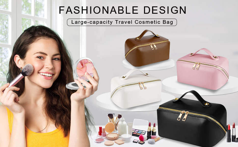 Косметичка для подорожей жіноча, велика містка, з PU шкіри, органайзер для макіяжу, культбагаж, косметичка для аксесуарів у подорожах, чорна гладка