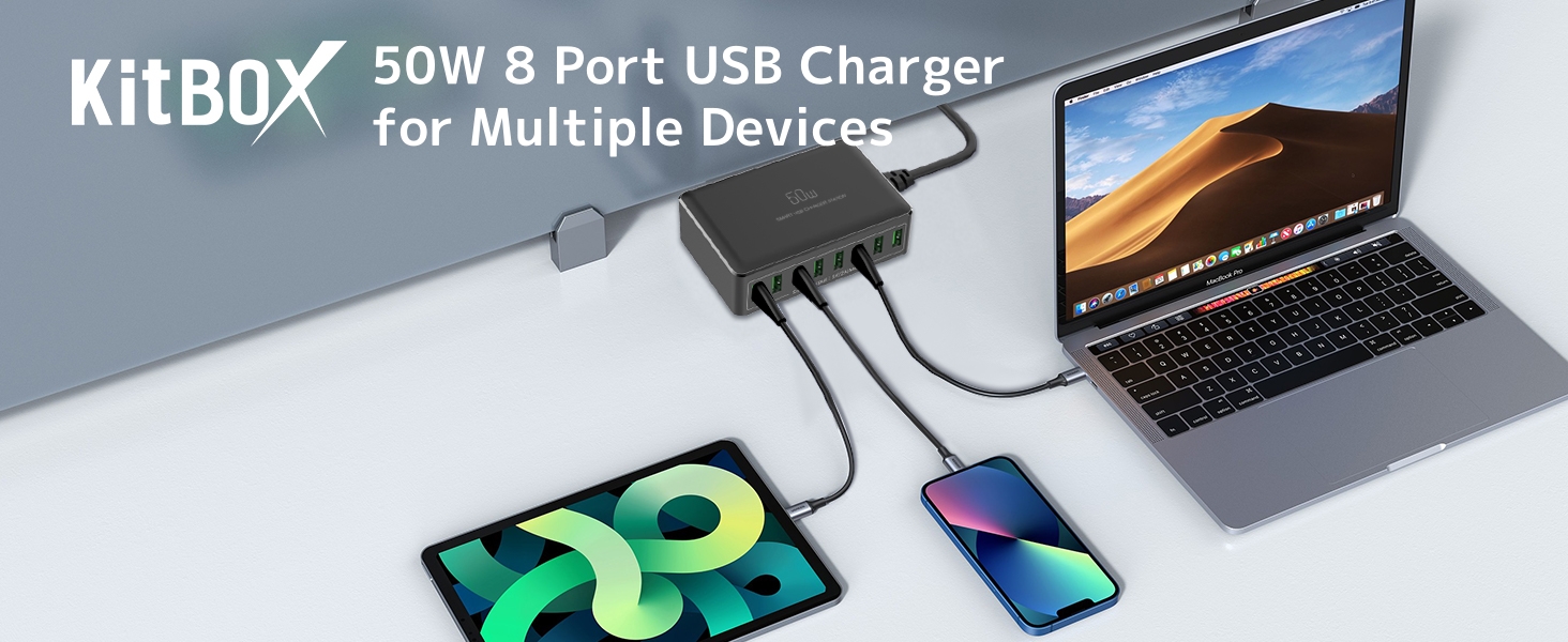Зарядний пристрій USB 50W мережевий адаптер 8 портів для iPhone 15/14/13/12 Pro Max, iPad, Samsung, Google Pixel - Чорний