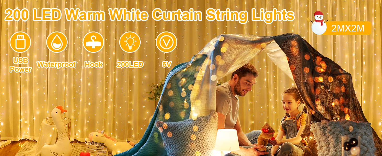 Ланцюжок LED-ліхтариків 2x2м, 200 LED, USB, тепле біле світло для декору свята, вечірки, Рамадану, весілля, кімнати