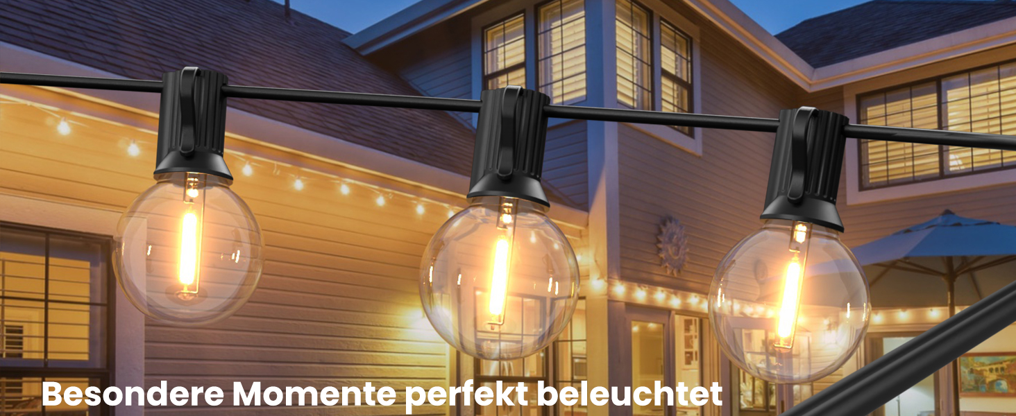 Ланцюжок прикрас для вулиці на електромережі 15М з 25+2 G40 LED лампами. Водостійкий IP65, тепле біле світло 2700K. Для саду, тераси, святкування. Чорний колір.