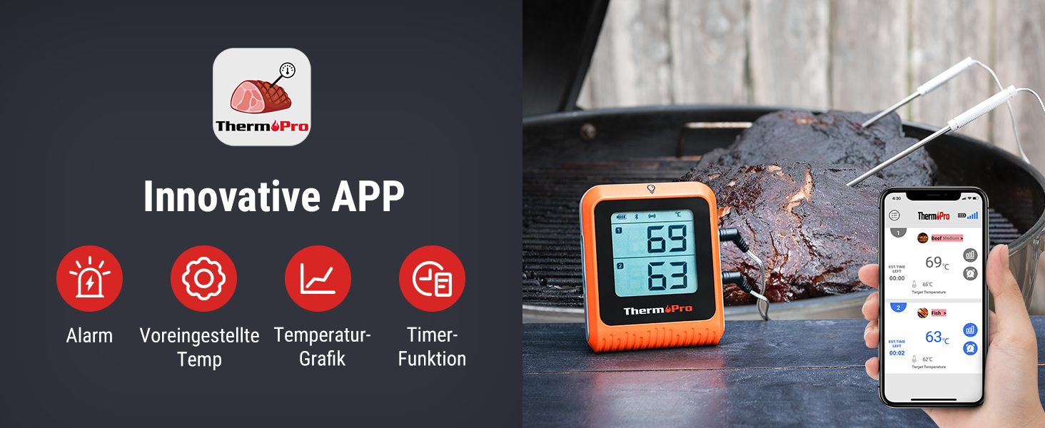 Кухонний термометр ThermoPro TP25H2 з Bluetooth, таймером і сигналом, 150 м – термометр для м'яса, гриля, духовки