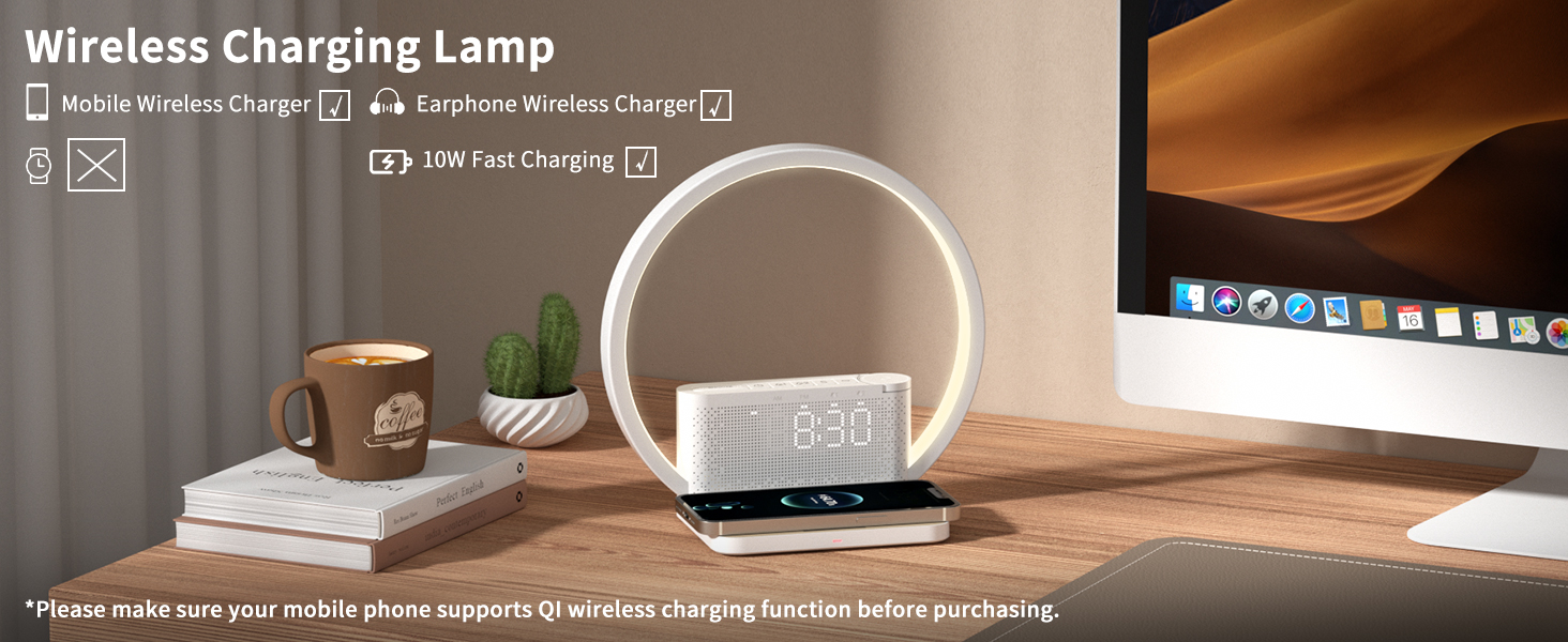 Нічна лампа RETEYUNG з бездротовою зарядкою 10W, 2 будильники, денний світловий будильник, 10 заспокійливих звуків, сенсорне регулювання яскравості (3 рівні), стиль арт-деко