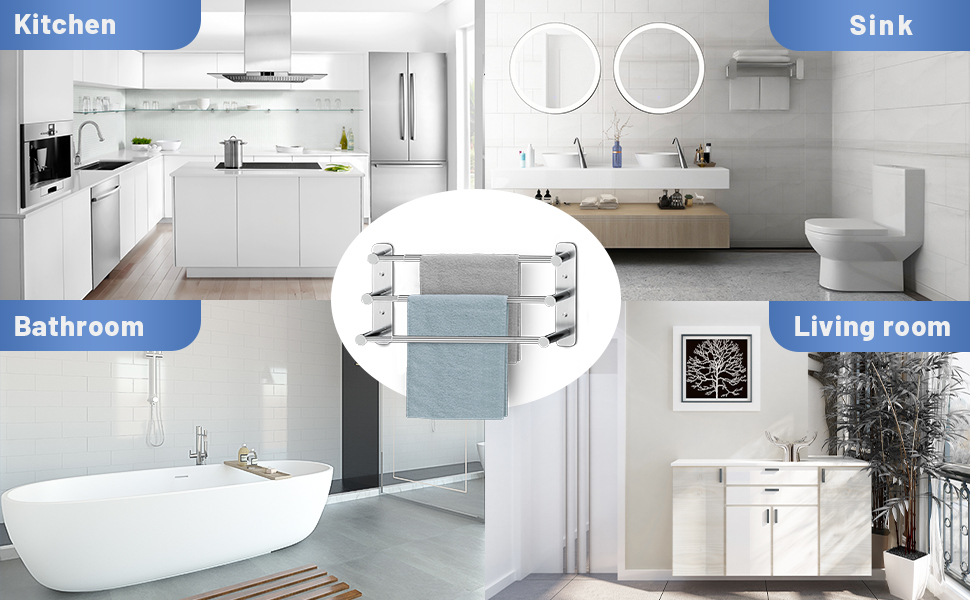 Тримач для рушників Lannvan без свердління, висувний 37-70см, нержавіюча сталь, для ванної кімнати та кухні, 2 способи встановлення, сріблястий