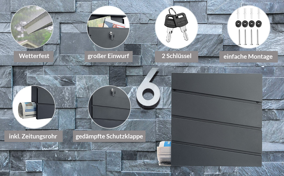 Поштовий ящик Monzana XXL з газетницею, оглядовим вікном, замком (2 ключі), сталь, антрацит. Легкий монтаж