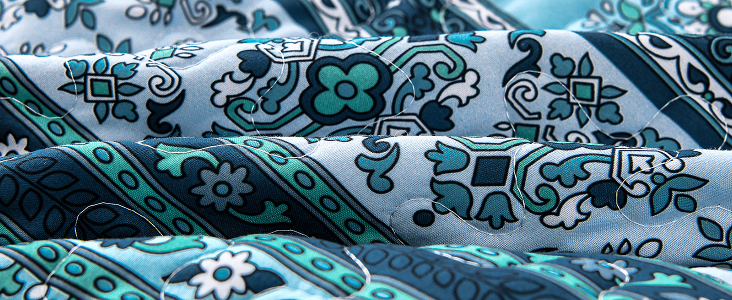 Покривало WONGS BEDDING 220x240 см, стьобане, комплект 3-в-1, мікрофібра, бохо стиль, темно-синє, з 2 наволочками 50x70 см, для двоспального ліжка або дивану