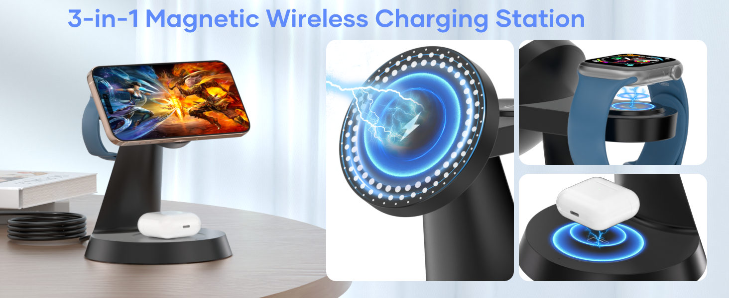 3-в-1 Індукційна Зарядка для iPhone, AirPods та Apple Watch (15W, чорний)