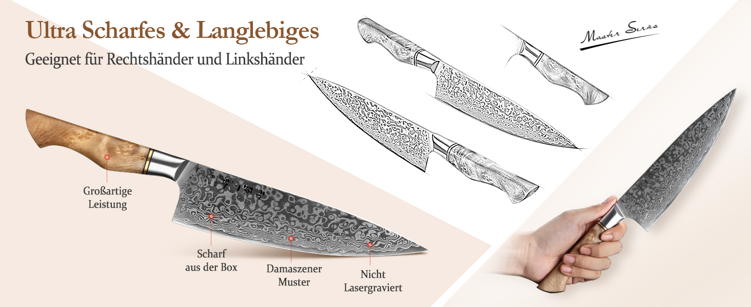 HEZHEN Професійний ніж кухарський 21 см Дамаск, VG10, серія Gyuto Master, кухонний ніж з ручкою з берези для дому та ресторану