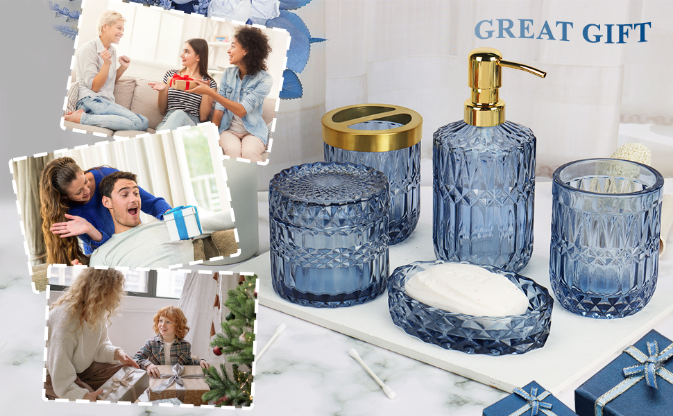 Набір для ванної кімнати скляний 5 предметів Lotionspender синій - розкішний органайзер для ванної (мильниця, стаканчик, тримач для зубних щіток)