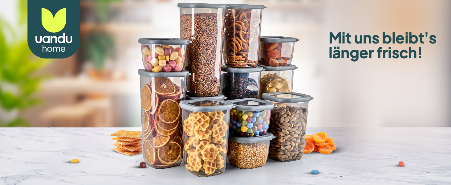 Контейнери для зберігання Uandu з кришкою, герметичні - набір 12 шт. | Організація кухні, зберігання продуктів | Без BPA | Кухонні контейнери для сухих продуктів (18 Mix-сірий)