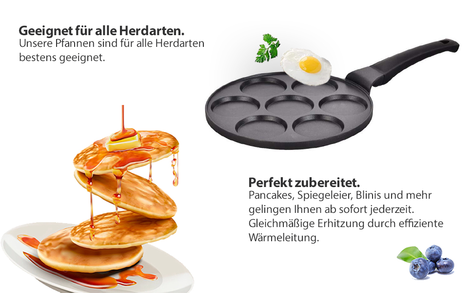 Amalindo Pancake Pan Induction, 4 Holes, Pancake Mold, Fried Egg Pan, Pancake Maker, Poffertjes Maker, Non-Stick Pan, Egg Pan, Fried Egg Pan, Pancake Pan, Ø26cm (7 Hole Black)
