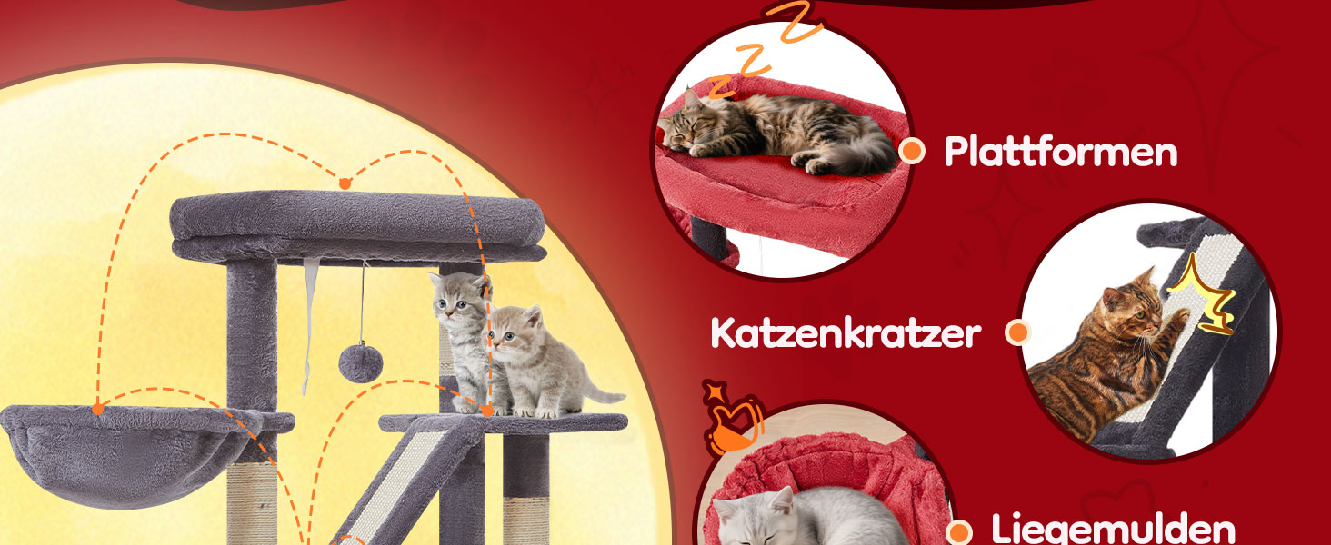 Драбина для котів Taoqimiao Klein, 98 см, з будиночком, корзиною, 4 стовпчиками для шліфування та іграшками, MS029SW (Чорний + Червоний)