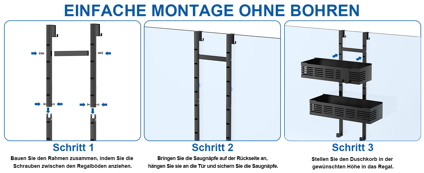 Поличка для душу AIGOCITY без свердління, чорна, для скляних душових кабін, з 3 гачками, регульована висота, для шампуню та гелю для душу