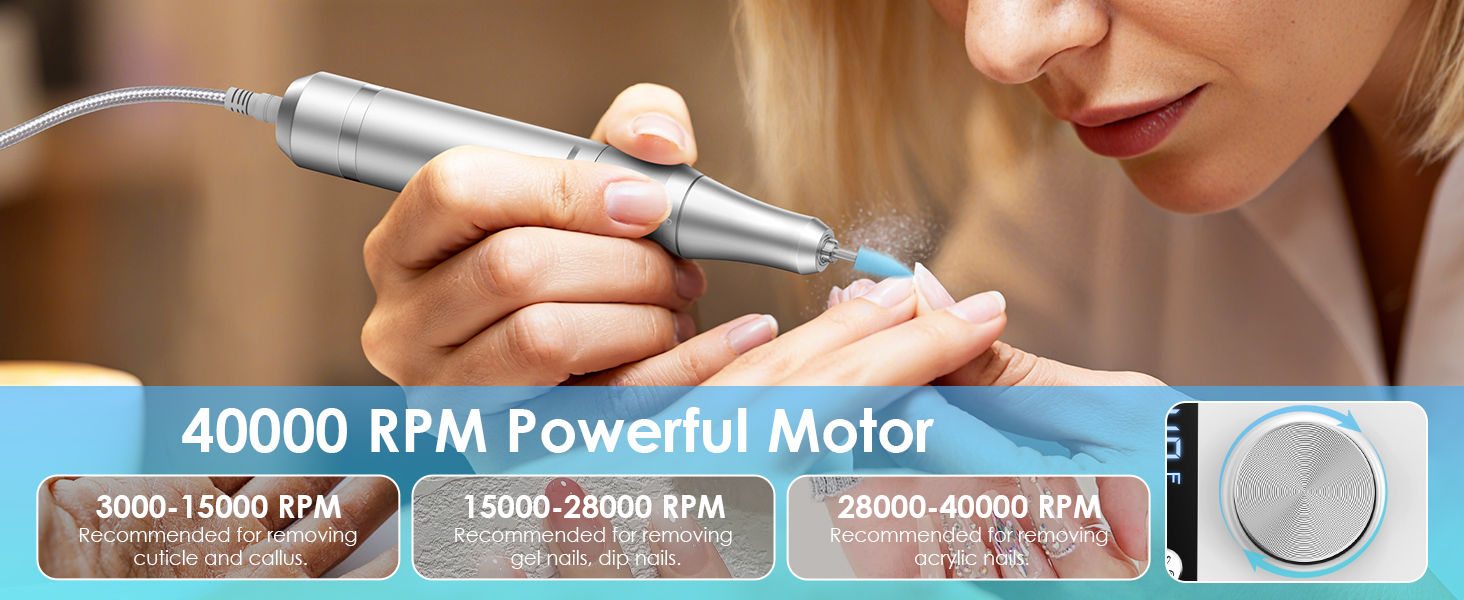Електричний фрезер для нігтів з LCD дисплеєм, 40000 об/хв, 15 насадок, для манікюру та педикюру, F/R напрямок обертання, для салону та дому (білий)
