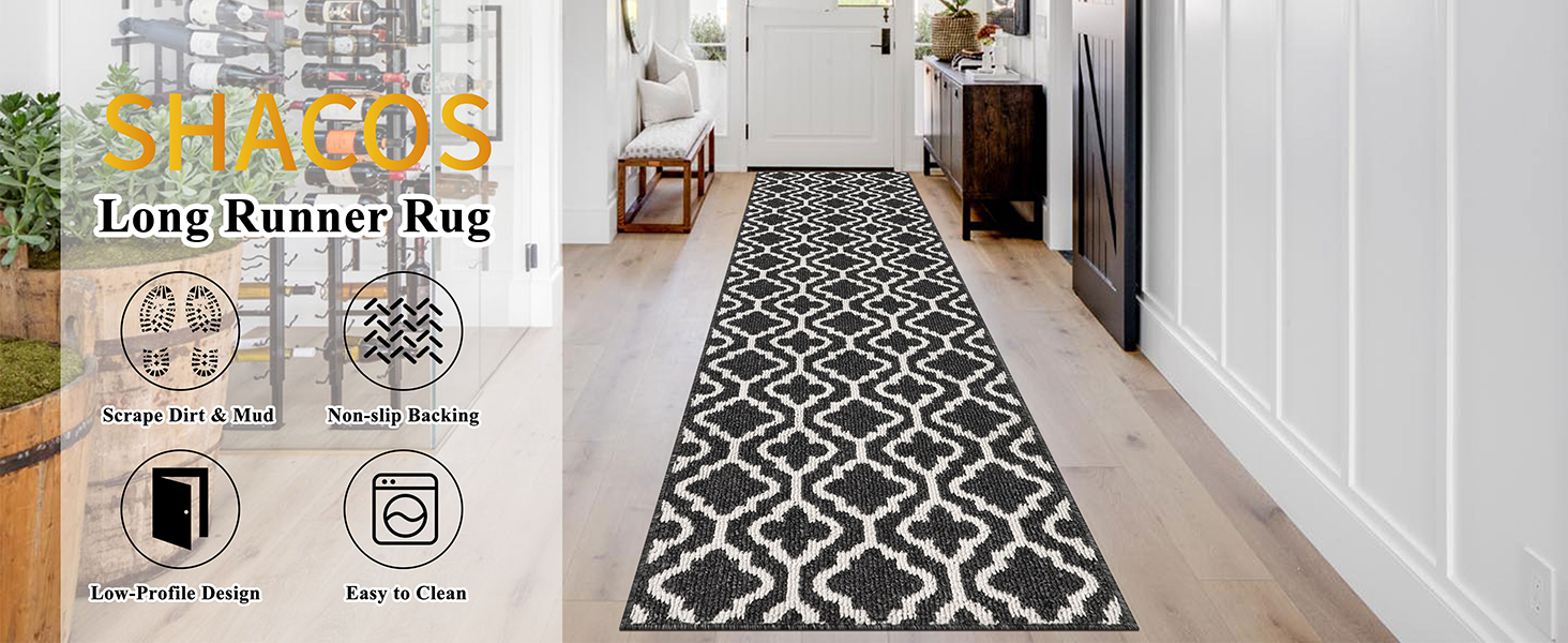 Придверний килимок SHACOS протибрудовий, протиковзкий, 60x240 см, чорний — для входу, коридору, тераси та саду, можна прати