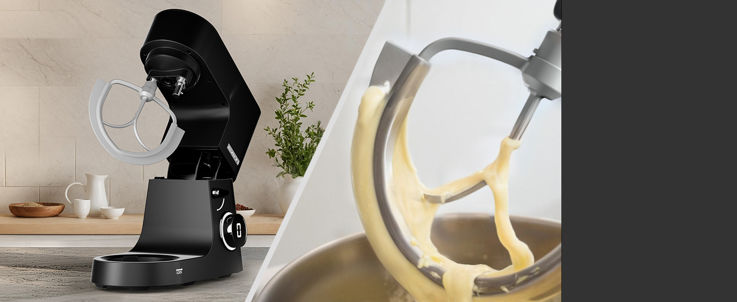 Кухонна машина Heinrichs 2500W з подвійним гаком для тіста, міксером та вінчиком, 8 швидкостей, чаша 8L з нержавіючої сталі, чорна