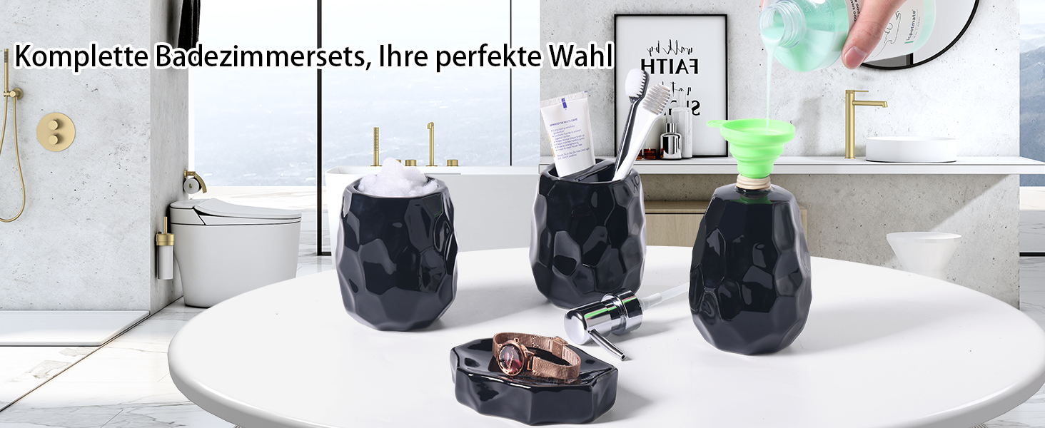 Набір аксесуарів для ванної кімнати, 4 шт: диспенсер для мила, мильниця, тримач для зубних щіток, стаканчик для зубних щіток, органайзер для ванної кімнати (Чорний)