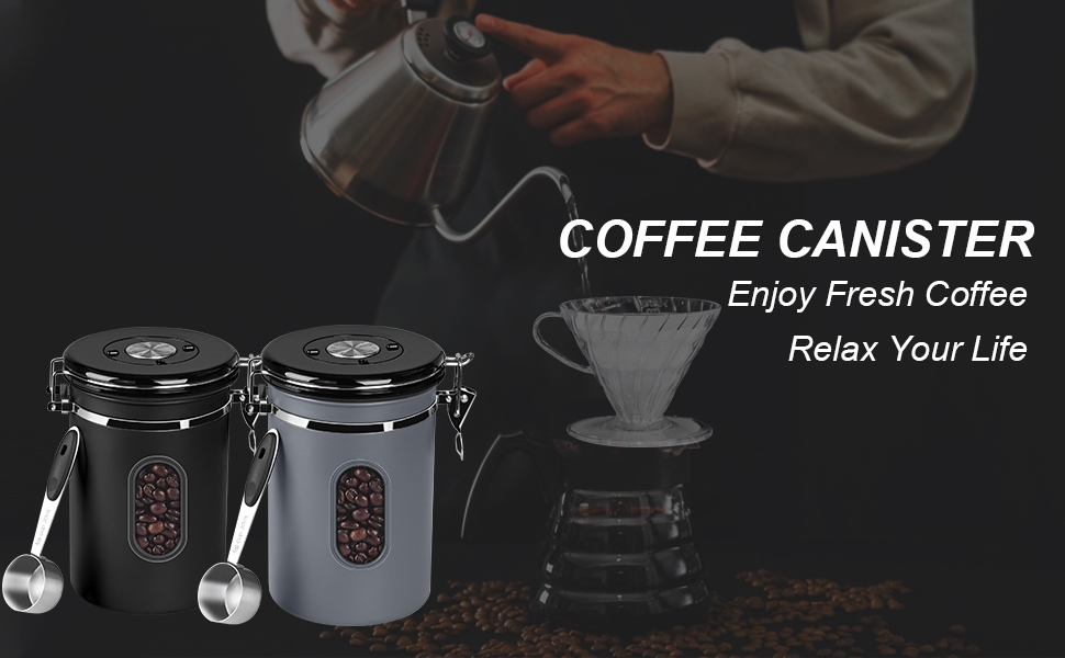 Контейнер для кави ROCKY&CHAO з нержавіючої сталі 1.8L, 600г, з прозорим вікном, для кавових зерен, чаю, горіхів, какао. Зберігає свіжість довше (1.5L-Сірий)