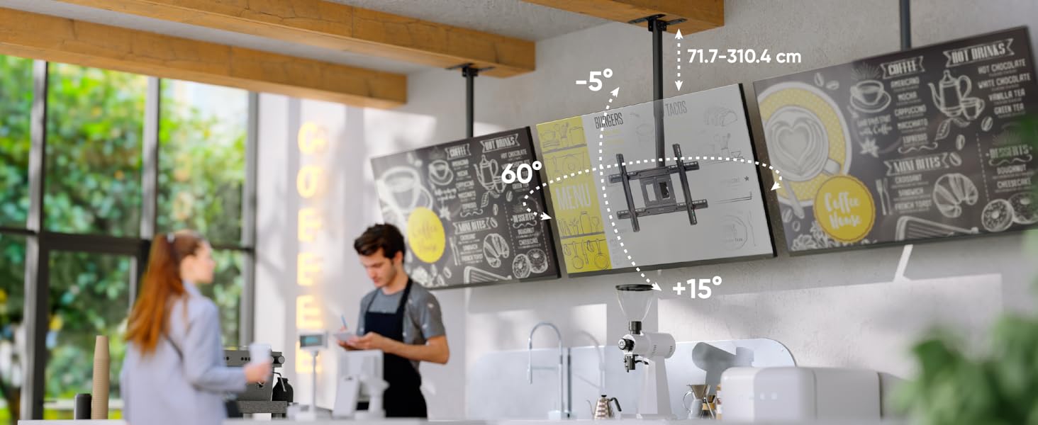 ONKRON Ceiling TV Mount for 32-80 inch TVs - Tilting & Swivel, VESA 100x100-600x400, Load Capacity 68kg, Adjustable Height, Black