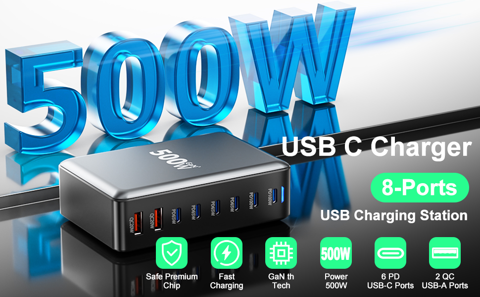 Зарядний пристрій USB-C 500W, 8 портів, GaN PD PPS, для MacBook Pro/Air, iPad, iPhone 15/16, Galaxy S23 - чорний