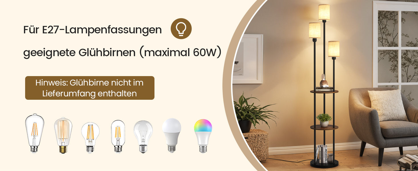 Стельова лампа для вітальні з поличкою, 3-хламкова, вінтажний стиль, бохо, з дерева, з вимикачем на ніжці, E27, ретро, коричнево-бежева ZEF53LDD05