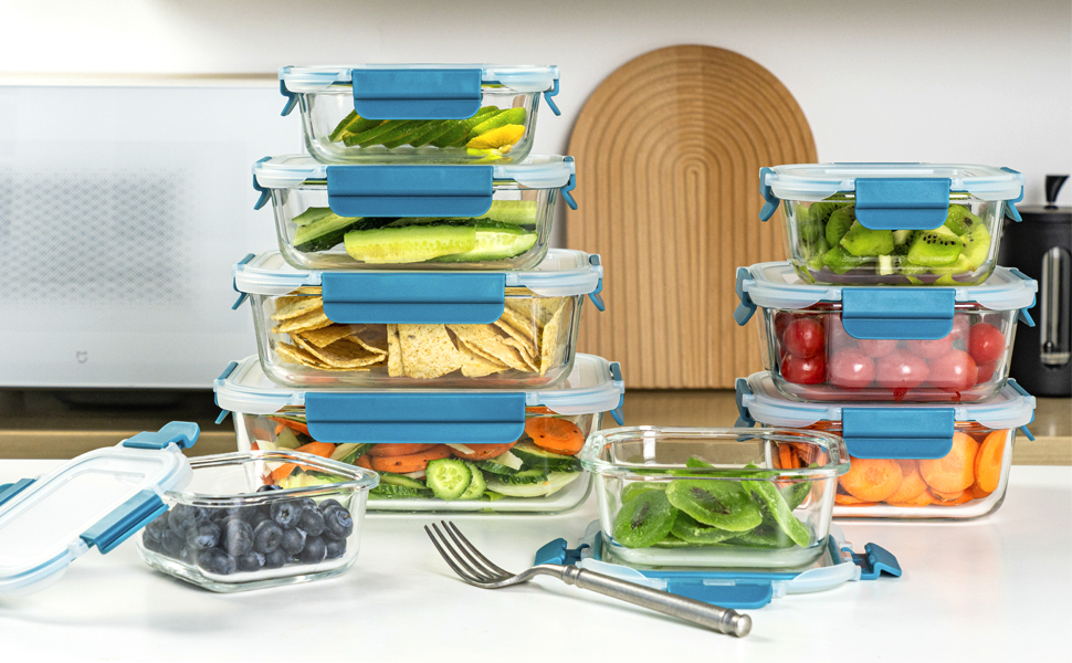 Набір контейнерів для зберігання продуктів Glas, 18 частин (9 контейнерів, 9 кришок), BPA-free, підходить для миття в посудомийній машині, мікрохвильовій печі та морозильній камері, виготовлені з скла, витікання неможливе, колір: бірюзовий