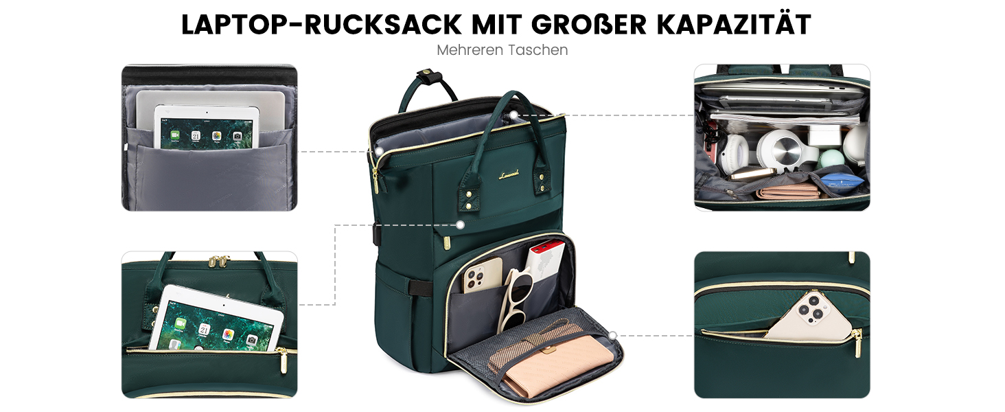 Рюкзак LOVEVOOK для жінок: водонепроникний, з USB-портом, 17' (15.6'), для навчання, роботи, подорожей, сірий/темно-зелений