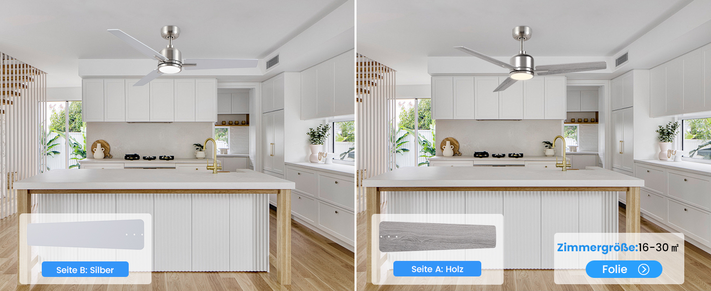 Стеляний вентилятор Newday білий, 122 см з підсвіткою та пультом керування. Безшумний вентилятор для стелі з лампою, регульована яскравість, DC мотор, реверсивний для спальні та вітальні (107-silber-holz)