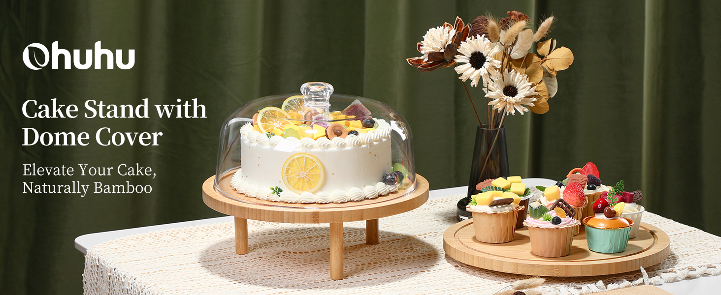 Підставка для тортів Ohuhu з бамбука 2-в-1 з кришкою, обертова тарка для тортів з 3 знімними ніжками та акриловою кришкою для випічки, декорування та святкування, чудовий подарунок для жінок