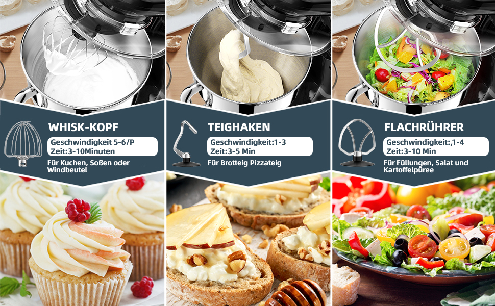 Кухонна машина-міксер з чашею 6.5л з нержавіючої сталі, 2000W, 6 швидкостей, для тіста та міксування, з набором насадок (вічорник, гак для тіста, вінчик) та захистом від бризок, чорна