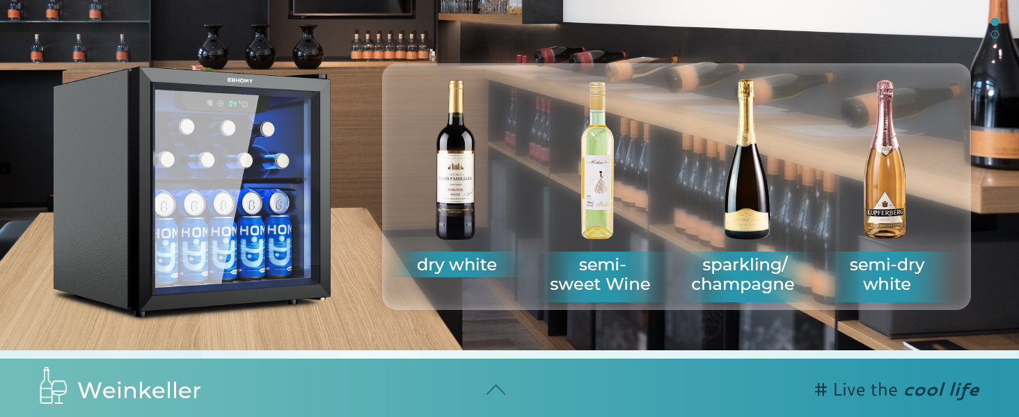 Міні-холодильник EUHOMY для напоїв на 55 банок, чорний, 36L, з дверцятами з прозорого скла, LED-підсвітка, тихий (43dB), для офісу, кімнати, бару