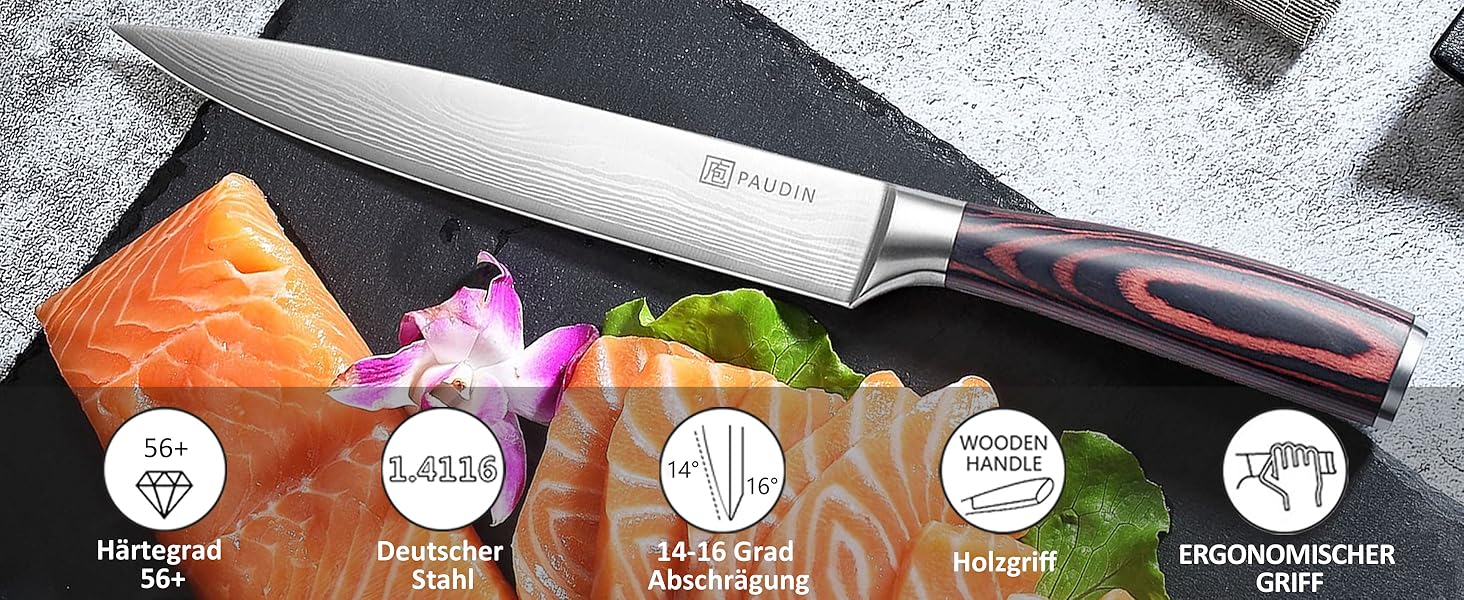 Кухонний ніж PAUDIN для м'яса та нарізання, 20 см, німецька високовуглецева сталь, ультра гострий, ергономічна нековзка ручка
