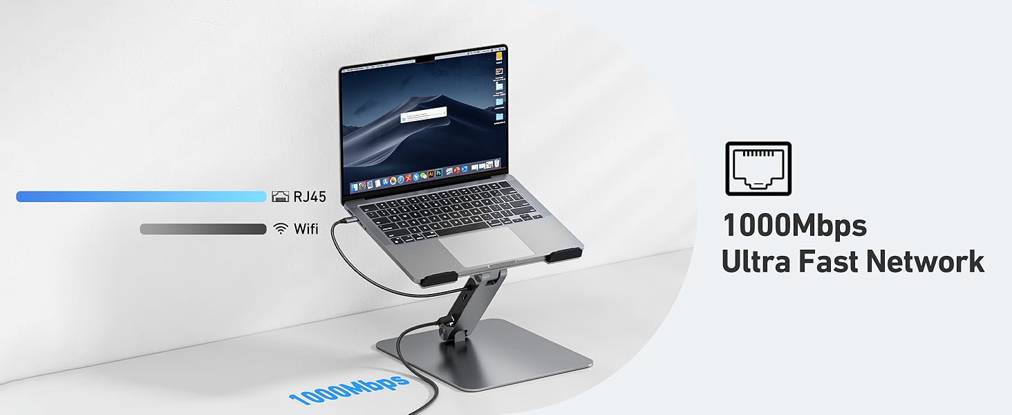 Підставка для ноутбука BENFEI з док-станцією USB-C 6-в-1: HDMI (4K@60Hz), Gigabit LAN, 100W Power Delivery, 10Gbps (1x USB-C 3.2 & 2x USB-A 3.2) – сумісна з MacBook Pro/Air, iPad Pro, XPS, ThinkPad