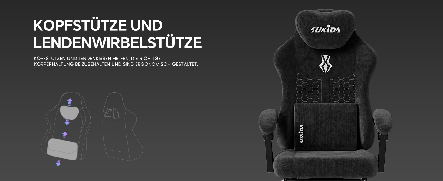 Ігрове крісло SUKIDA Ergonomic Pureblack: ергономічний офісний стілець з підскладною підставкою для ніг, підголівником та поперековою підтримкою, тканинна оббивка
