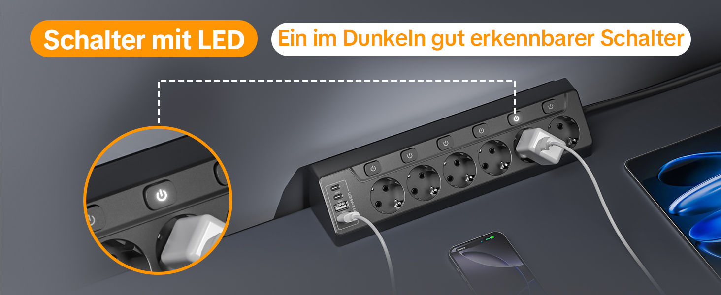 Мережевий фільтр 5-портовий з USB та LED, чорний. Розподільник розеток на стіл, для дому, кухні. Можливість настінного монтажу.