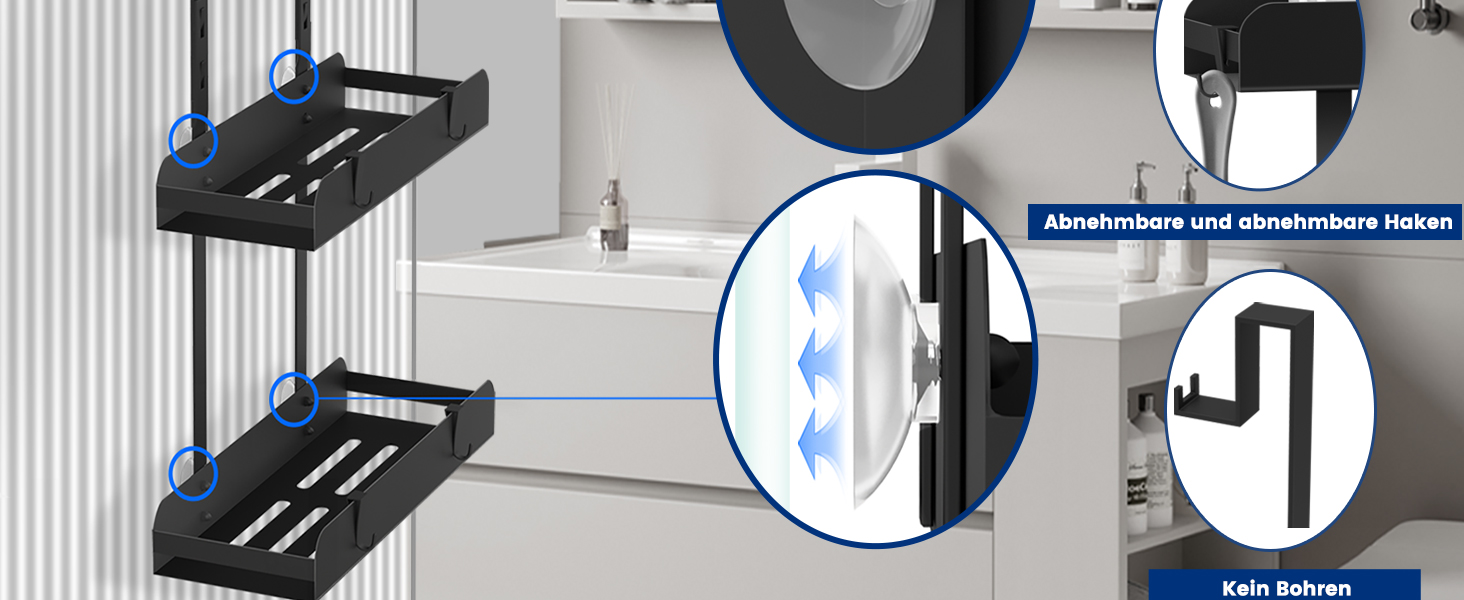 Настінна поличка для душу без свердління, чорна, з 4 гачками. Органайзер для шампуню та інших аксесуарів у ванну кімнату та кухню. Підходить для безрамкових скляних дверей.