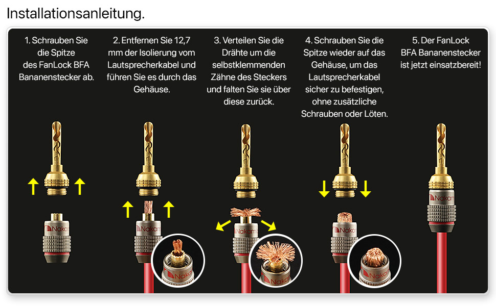 Бананові роз'єми Nakamichi FanLock Excel-Serie, 24K позолочені BFA коннектори для акустичних кабелів 10-18 AWG, 4 мм, для Hi-Fi стерео та домашнього кінотеатру, 4 шт (2 пари)