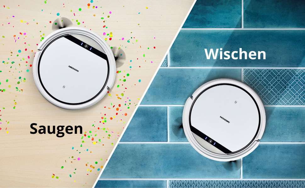 Робот-пилосос MEDION E32 SW з функцією миття підлоги (2в1) | Для твердих поверхонь, видалення шерсті тварин, підходить для алергіків | З пультом дистанційного керування, станція зарядки | Модель 2021 | Час роботи: 120 хв