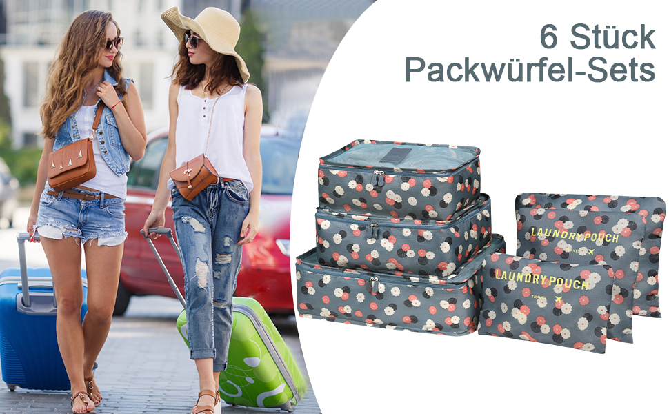 Органайзер для валізи Vicloon, набір 8/6 шт. - сумки-органайзери для подорожей, аксесуари для валізи, чохли для взуття, косметичні сумки, блакитний з квітковим принтом