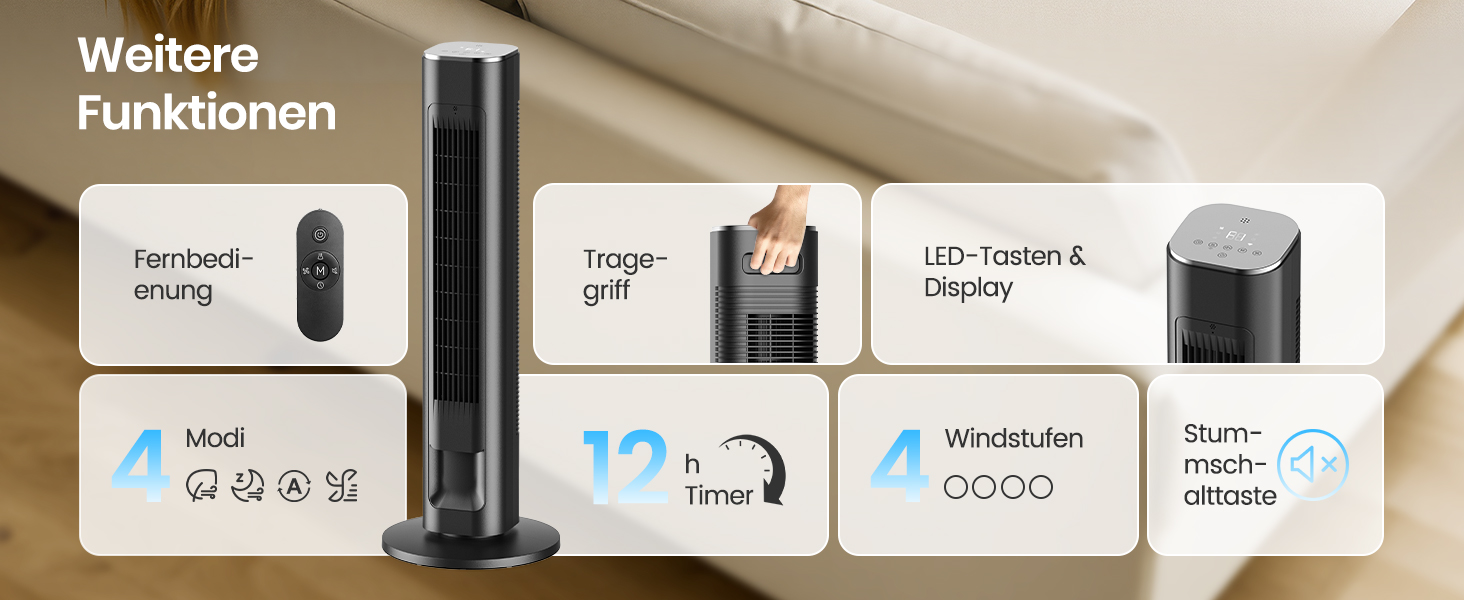 Вежа-вентилятор FLANUR WiFi Alexa 91 см: Тихий вентилятор з пультом, 4 режими, 90° осциляція, таймер 12 год, чорний