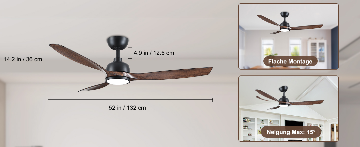 Стеляний вентилятор CJOY з підсвічуванням, 107 см, з пультом керування, тихий, DC, реверсивний, пам'ять 3CCT, диммування, 6 швидкостей, таймер для спальні (132 см - чорне дерево)