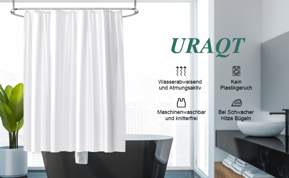 Шторка для душу URAQT, водонепроникна, антигрибкова, швидковисихаюча, PEVA, 180x180 см, 12 кілець, для ванни (Біла)
