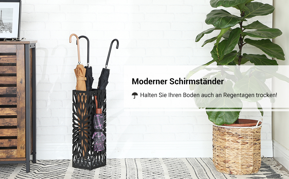 Стійка для парасоль та трекінгових палиць SONGMICS, чорна, металева, з піддоном, 4 гачки, 49H см