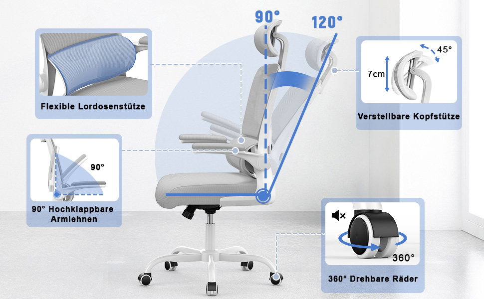 Офісне крісло Naspiro, ергономічне з регульованою підголівником, підлокітниками та підтримкою попереку, поворотне, сітчасте, для дому та офісу, сіре