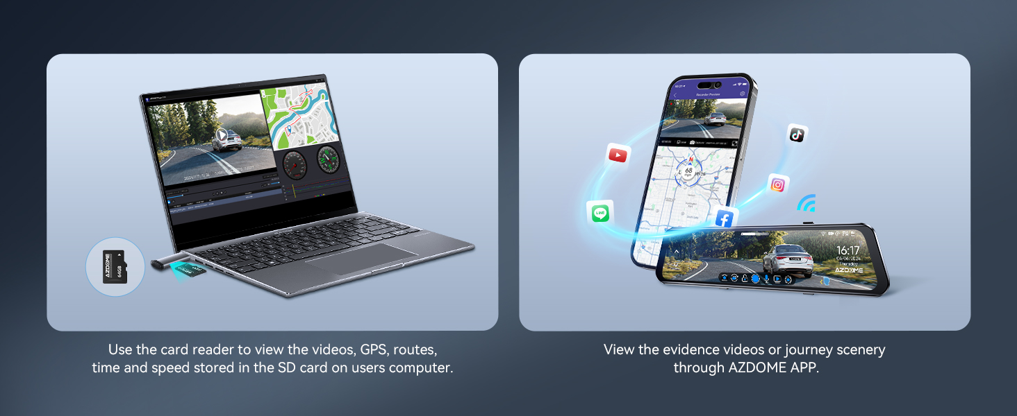 Dashcam AZDOME PG17 4K: Дзеркало заднього виду з відеозаписом, WiFi, GPS, нічне бачення, голосове керування, 64GB карта в комплекті