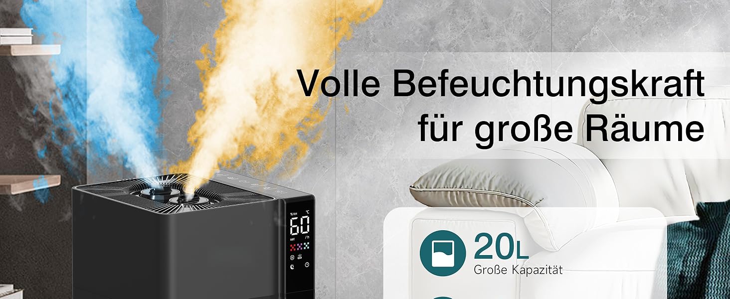 Зволожувач повітря для великих приміщень 20L, теплий та холодний туман, зволожувач до 280м², 360° ультразвуковий зволожувач, для спальні/вітальні/офісу/рослин/комерційного використання, чорний