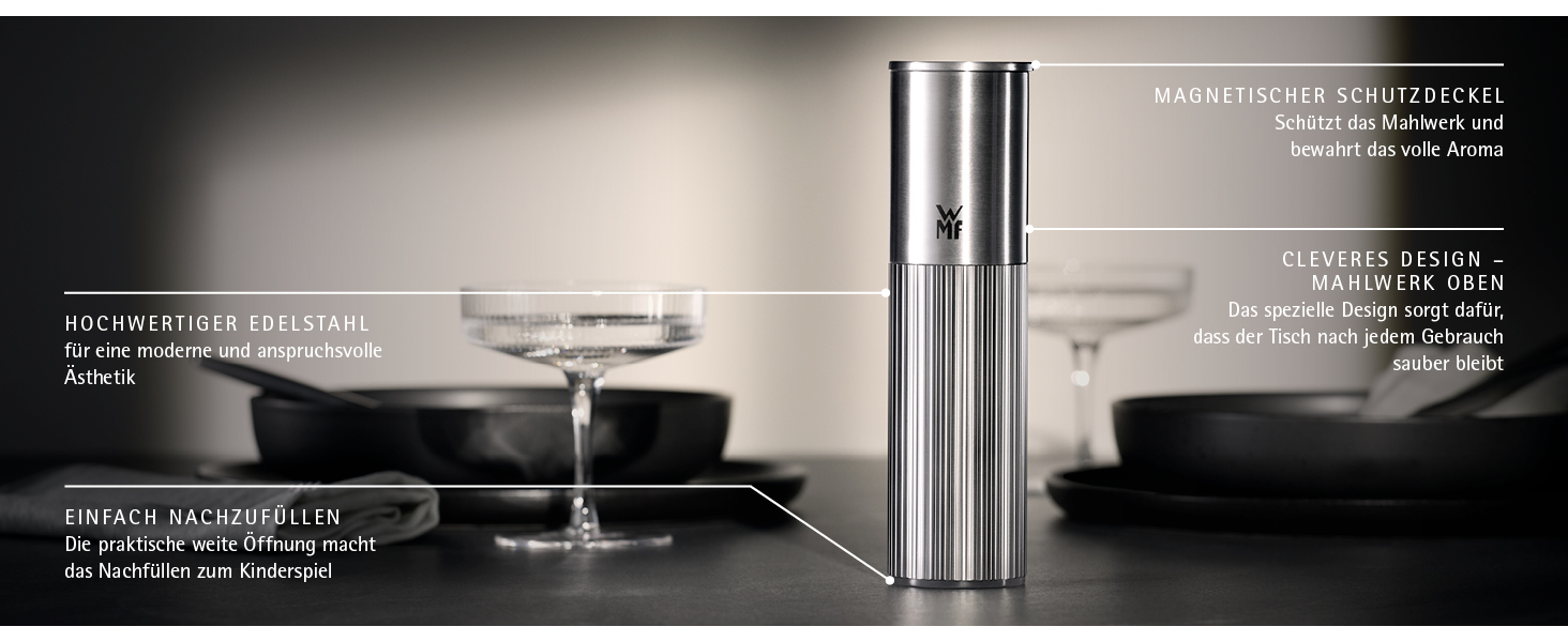 Мельниця WMF Signature Pro: перечна та соляна, з керамічним млинком, регулюванням помелу, нержавіюча сталь, ручна, срібна