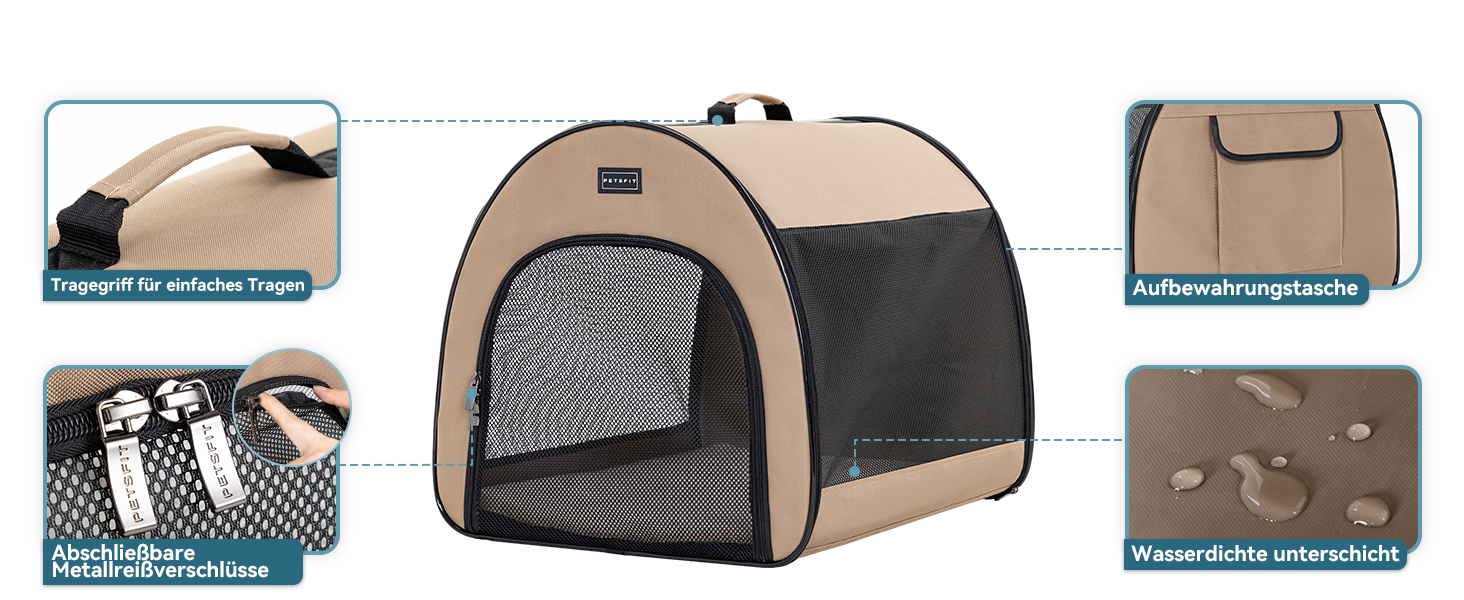 Складана переноска для собак Petfit для маленьких собак і котів, портативна та з гарною вентиляцією, для дому, з вигнутим дахом, переноска-ліжко для собак з анти-відкриваючим блискавкою та подушкою (Хакі, M)
